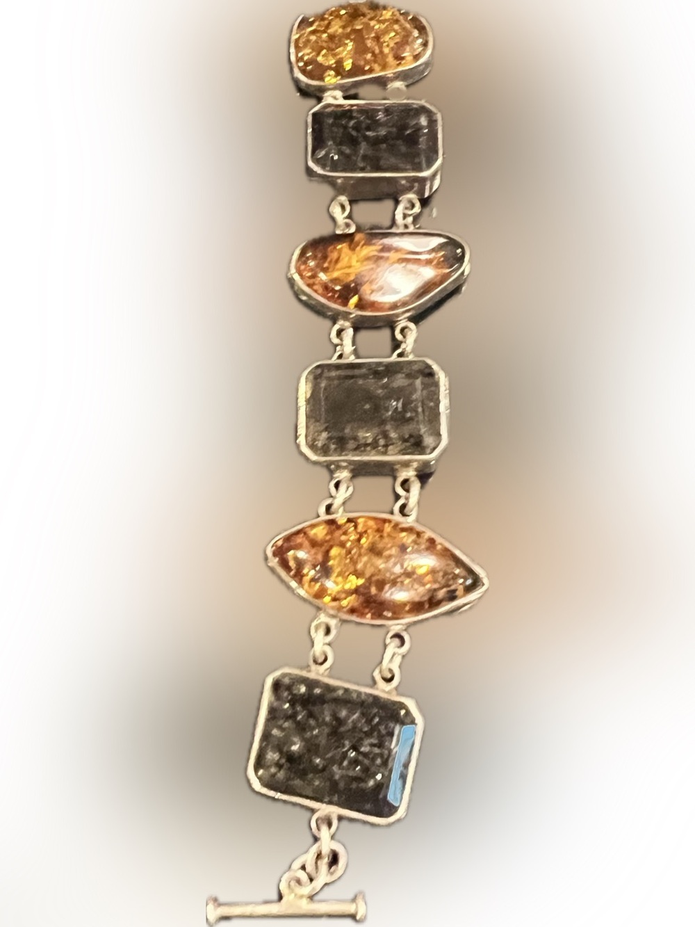 Obsidian Silver Bracelet with Amber and Rutilated Quartz Stones
